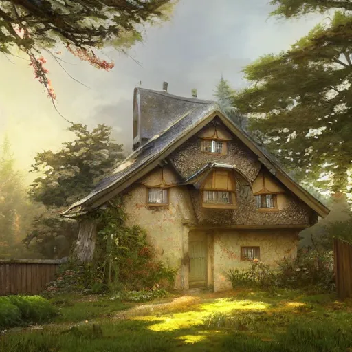 Image similar to concept art painting of an english european cottage with japanese architecture, in the woods, cozy, realistic, detailed, cel shaded, in the style of makoto shinkai and greg rutkowski and james gurney