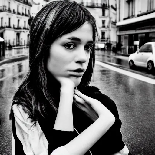 Prompt: black and white fashion photograph, highly detailed portrait of a depressed girl as a drug dealer on a busy Paris street, detailed face looking into camera, eye contact, natural light, rain, mist, lomo, fashion photography, film grain, soft vignette, sigma 85mm f/1.4 1/10 sec shutter, Daren Aronofsky film still promotional image, IMAX 70mm footage