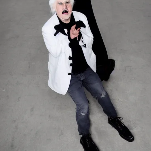 Prompt: Full picture of a white haired vampire wearing Dr. Martens shoes