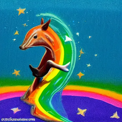 Image similar to dolphine skateboarding on a rainbow