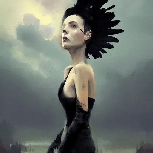 Image similar to morning, a woman in a black dress with a raven head. no face. sun, cinematic, clouds, vogue cover style, contracting colors mood, realistic painting, intricate oil painting, high detail, figurative art, poster art, by simon bisley, ismail inceoglu, wadim kashin, filip hodas. pixar theme.