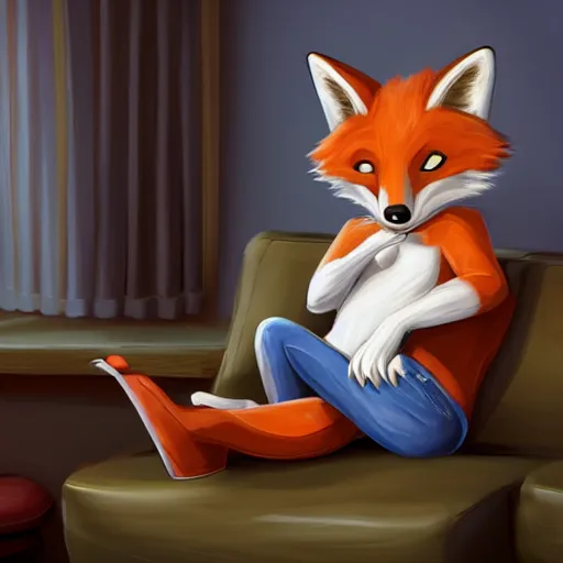 Prompt: an anthropomorphic fox wearing a t-shirt and jeans sitting on a couch, 8k resolution matte fantasy painting, cinematic lighting, DeviantArt, Artstation, furry, anthro, anthropomorphic, furaffinity, cartoon, disney