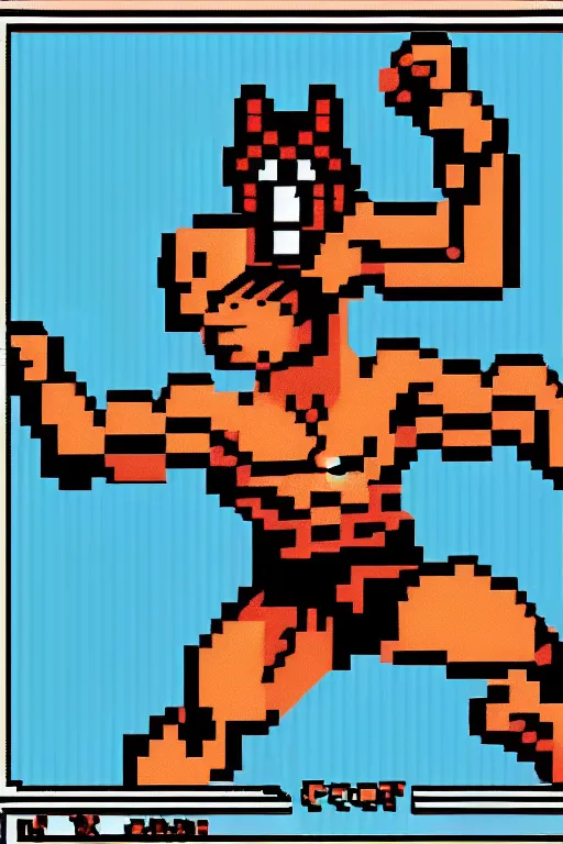 Image similar to extreme long shot. 8 bit nes graphics. antropomorphic muscular masculine wolf. kickboxer fighter, in shorts. wolf head. furr on body. like game contra.