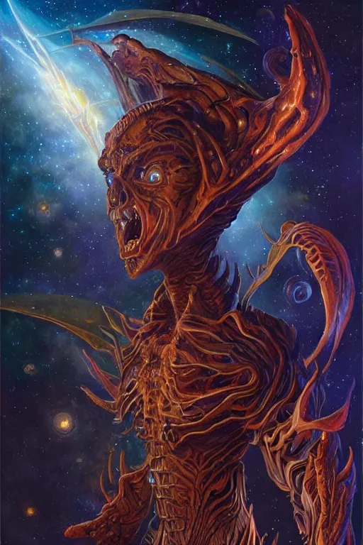 Image similar to beautiful oil painting with high detail of a interstellar demon made of stars and plasma, hybrid from dungeons and dragons and art direction by James Cameron ;by artgerm; wayne reynolds art station; Drew Struzan movie poster. cinematic quality character render; low angle; ultra high quality model; production quality cinema model;