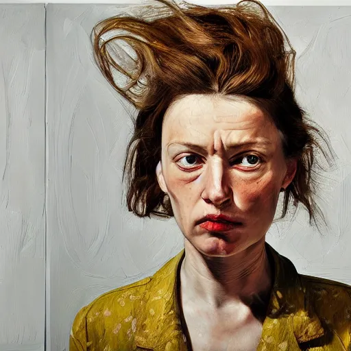 Image similar to high quality high detail painting by lucian freud, hd, angry brunette girl portrait, photorealistic lighting