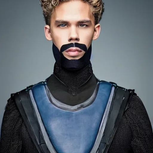 Image similar to medium face shot of adult Austin Butler !!!!with exposed head!!!!, dressed in black-prussian blue futuristic-tudoresque clothing with Harkonnen-Ram-embroidery, and nanocarbon-vest, in an arena in Dune 2021, XF IQ4, f/1.4, ISO 200, 1/160s, 8K