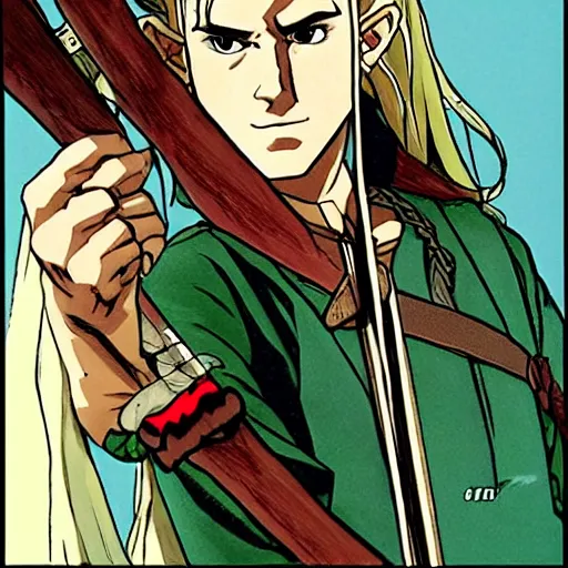 Image similar to Portait of Legolas in an 80s anime version of Lord of the Rings, holding a longbow, very detailed, ultra realistic, handpainted, Satoshi Kon, Hiyao Miyazaki, Katsuhiro Otomo