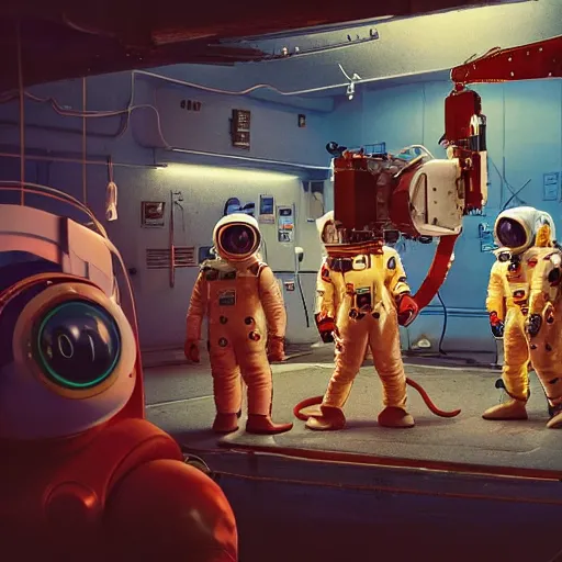 Image similar to nine austronauts in spacesuits, repairing a mickey mouse robot head held down by a crane, in a garage owned by netflix, dark dystopian environment, with cyan lights lighting the foreground and red lights in the background, made by beeple, sigma 5 0 mm