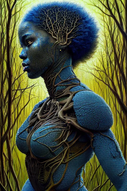Prompt: hyperrealistic expressive! black woman with detailed exoskeleton armor, merging with tree in a forest, concept art masterpiece brad kunkle hannah yata dramatic blue light low angle hd 8k sharp focus