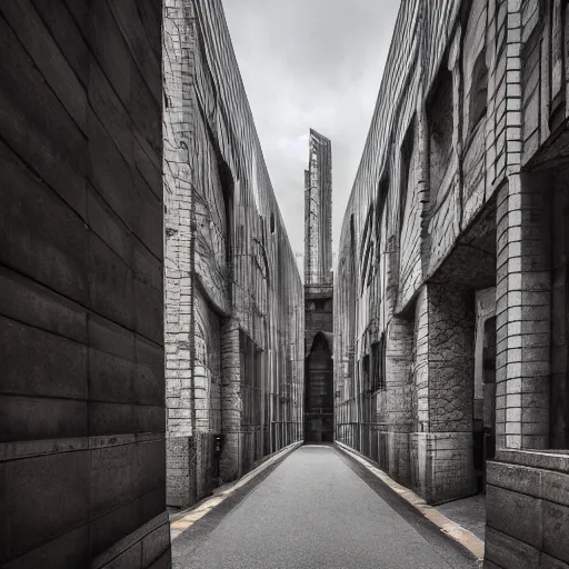 Prompt: exploring the streets of a megalopolis in the style of gothic brutalist architecture