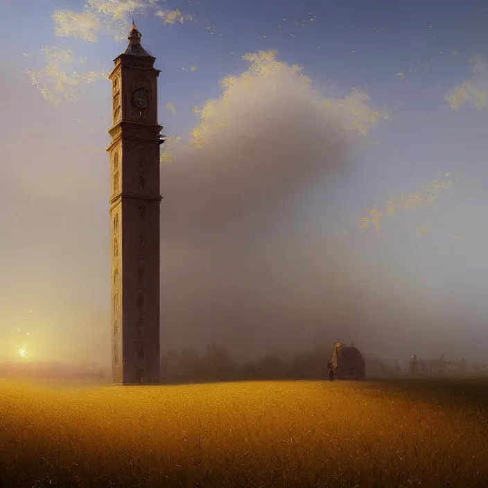 Prompt: a beautiful painting of a clock tower in a field of golden wheat by ivan aivazovsky and greg rutkowski and rhads, in style of digital art. hyper detailed, sharp focus, soft light. octane render. ray tracing. trending on artstation