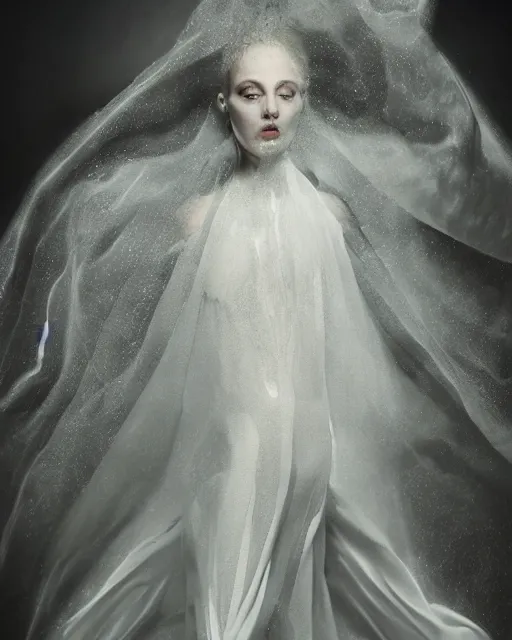 Prompt: professional render of an ethereal ghostlike figure fluid simulation in houdini dancing in dark smoke robes and silk veils by ilm, paolo roversi, nick knight, gill elvgren, beautiful simplified form distorted by turbulent movement, dark studio background, vivid, romantic, trending on artstation, hyperrealism, matte painting, dutch golden age, fine detail, cgsociety