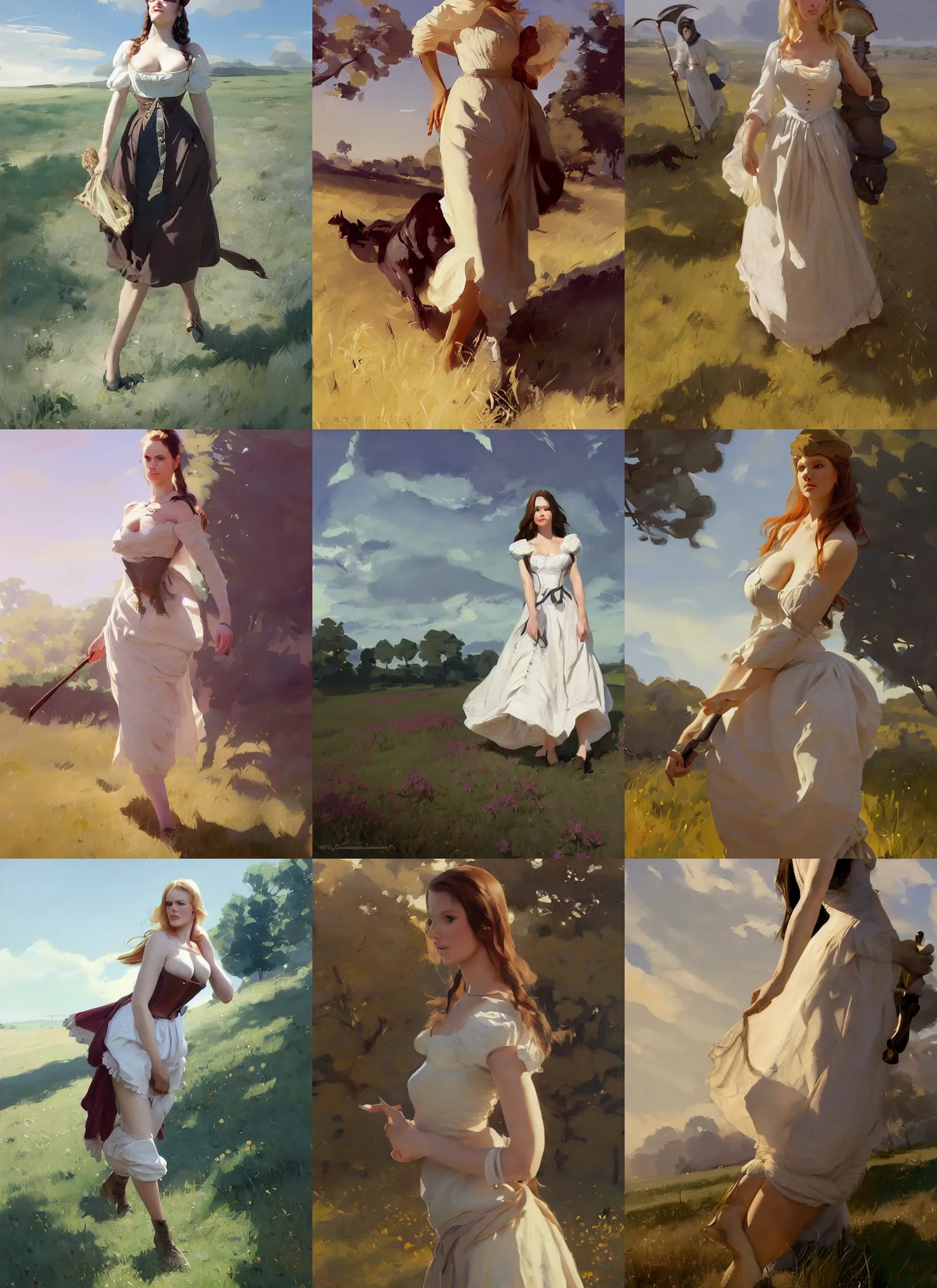 Prompt: finnish norwegian swedish scandinavian attractive glamour model wearing 1 7 th century bodice with low neckline walking in the field in a sunny day, jodhpurs greg manchess painting by sargent and leyendecker studio ghibli fantasy medium shot asymmetrical intricate elegant matte painting illustration hearthstone by greg rutkowski by greg tocchini by james gilleard