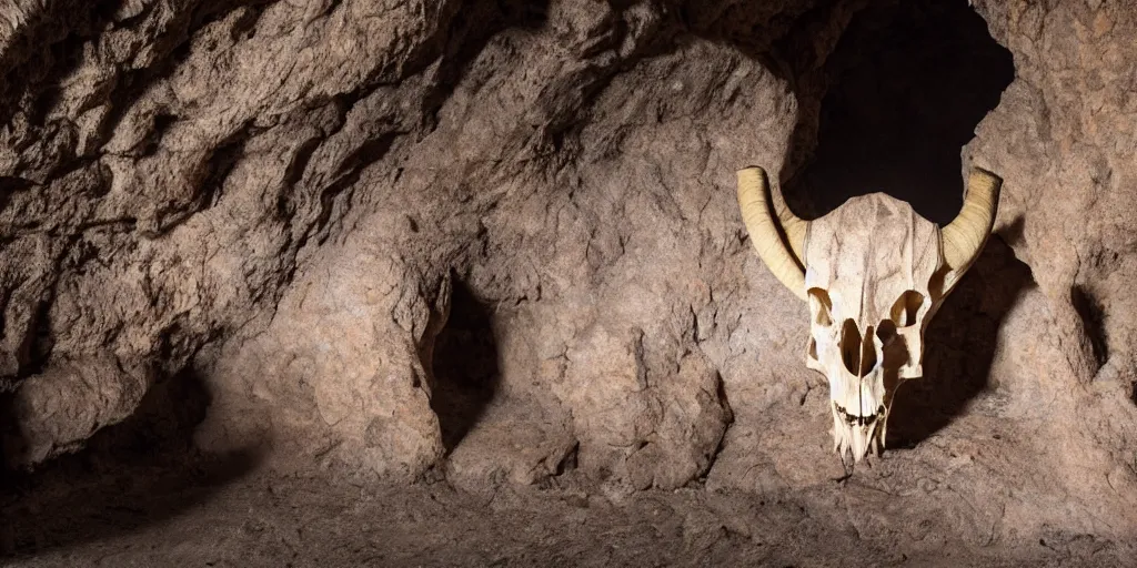 Prompt: A colossal goat skull in a giant cave, dramatic lighting, 8k