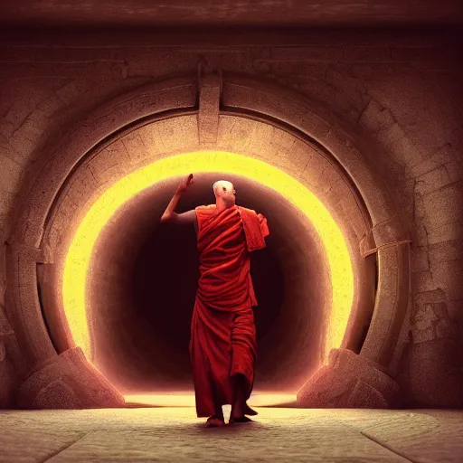 Image similar to photorealistic illustration of a monk discovering a portal to the deep, octane render, 8 k, cinematic lighting, exquisite details, dark atmosphere, psychedelic, 1 9 6 0 s