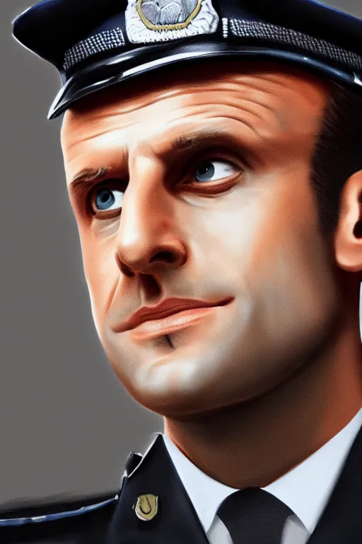 Image similar to emmanuel macron wearing a police officer uniform, highly detailed, digital art, sharp focus, trending on art station