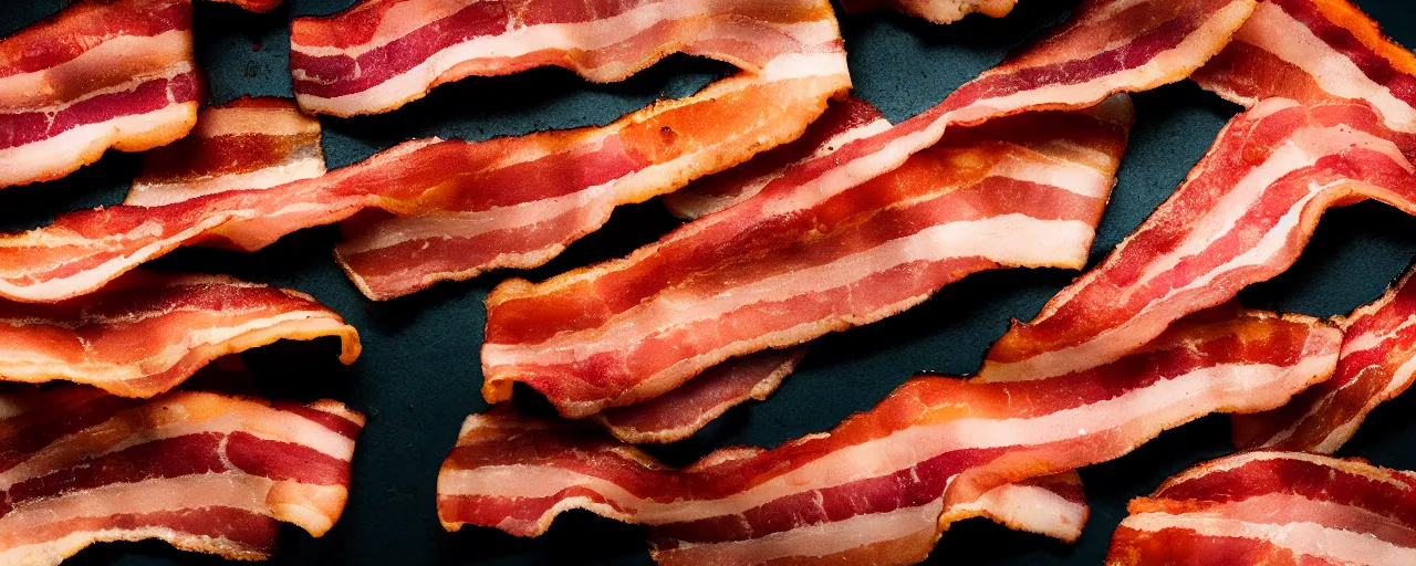 Prompt: cooked bacon, authentic, zeiss, 3 5 mm, dslr, macro, food photography, tasty, wide shot, studio, gmaster, cooking, food, kodak, sony, canon