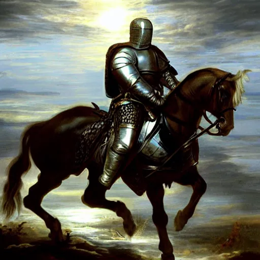 Prompt: knight at dawn by rubens hyper realistic