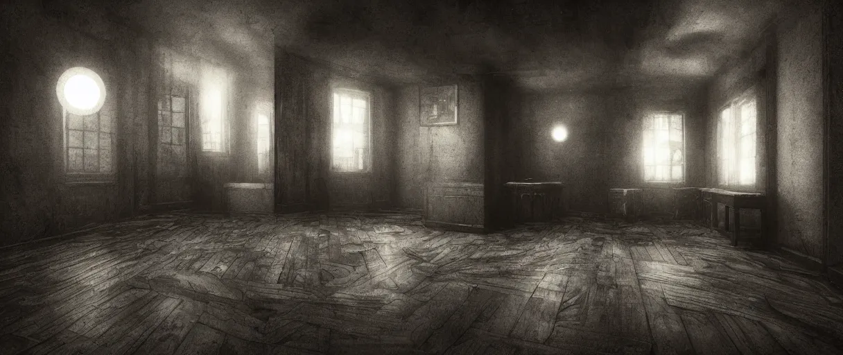 Image similar to a dark old room, silent hill tentacle creatures from the darkest realm of the soul, old wood floors, small windows with moonlight, surrealcore, hellcore, slithercore, 4 k by oleg vdovenko, pascal blanche