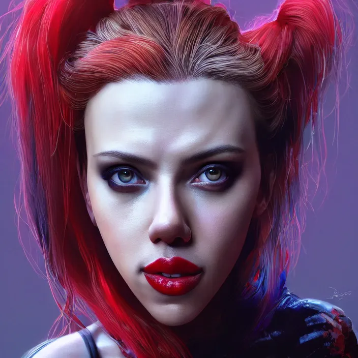 Image similar to portrait of scarlett johansson as a harley quinn. intricate abstract. intricate artwork. by Tooth Wu, wlop, beeple, dan mumford. octane render, trending on artstation, greg rutkowski very coherent symmetrical artwork. cinematic, hyper realism, high detail, octane render, 8k, iridescent accents