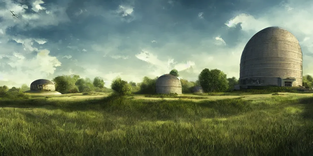 Prompt: large round sci-fi building, next to farm fields and trees, sense of hope, daytime and blue sky, digital art, art station, extremely detailed