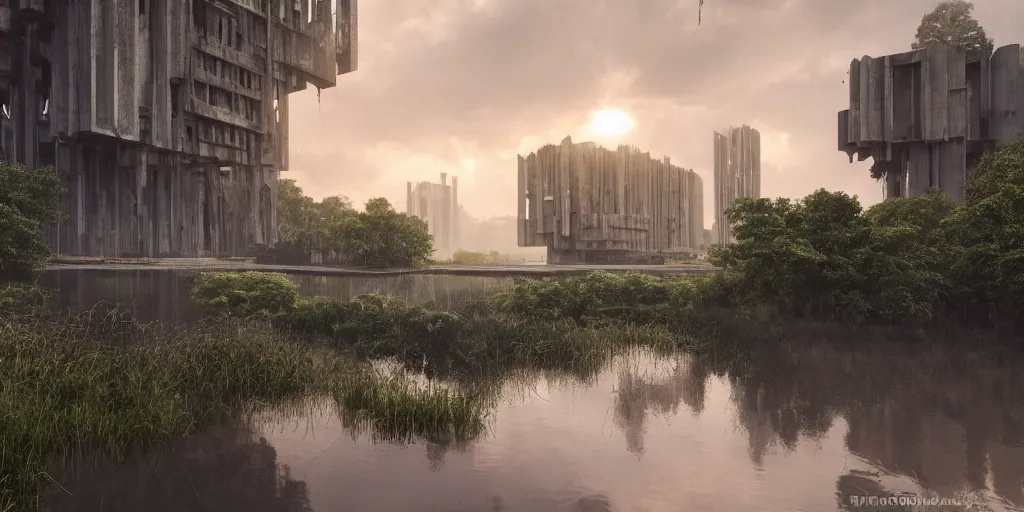 Prompt: an extremely detailed cathedral of brutalist architecture, surrounded by lush green forest, ponds of water, stunning volumetric lighting, sunset, rusted steel, smooth concrete, stunning skies, trending on Artstation, 8k, photorealistic, hyper detailed, unreal engine 5, IMAX quality, cinematic, epic lighting, in the style of Greg Rutkowski