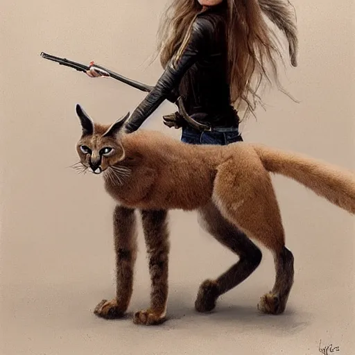 Image similar to young brigitte bardot rides a fluffy caracal in paris, hyperrealistic, detailed, art by greg rutkowski