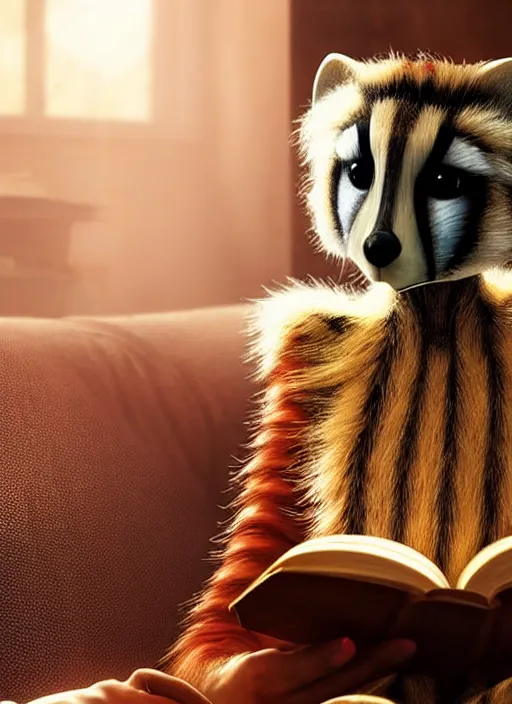 Image similar to A beautiful scene from a 2022 fantasy film featuring a humanoid genet wearing loose white clothing reading an ancient tome on a couch. An anthropomorphic genet. Golden hour.