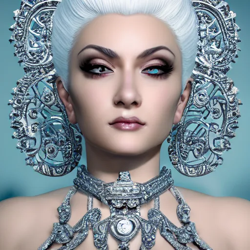 Prompt: portrait of radiant princess with white hair, beauty, ornate and intricate diamond jewelry, jaw dropping, white accent lighting, hyper detailed, 4 k octane render