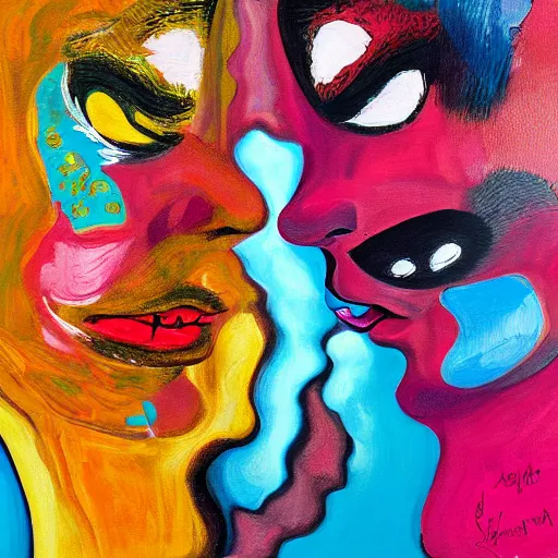 Image similar to expressive painting by francesca sundsten of two bizarre psychedelic femme creatures kissing each other closeup, speculative evolution, exobiology