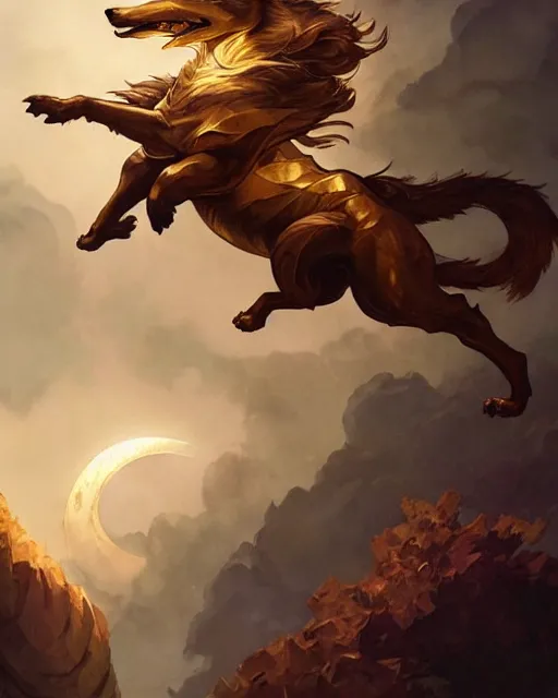 Image similar to '' Illustration of giant gold wolf chasing the moon through the sky, league of legends, LOL, fantasy, d&d, digital painting, artstation, concept art, sharp focus, illustration, art by greg rutkowski and alphonse mucha ''