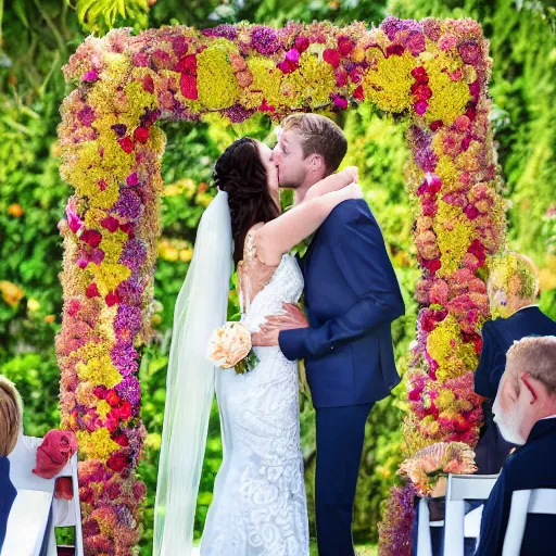 Prompt: the groom kisses the bride at a wedding full of flowers, bright and happy, art, highly detail, 4 k realistic, wedding photo, by charles angrand