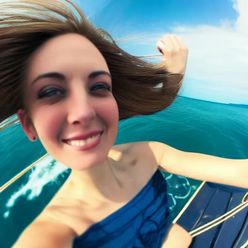 Image similar to Selfie!!!!! of a woman with gorgeous hair flowing in the wind, in the middle of the ocean!!!!!, first-person view, fisheye!!!!! lens!!!!!, photorealistic image, trending on artstation, 4k, 8k