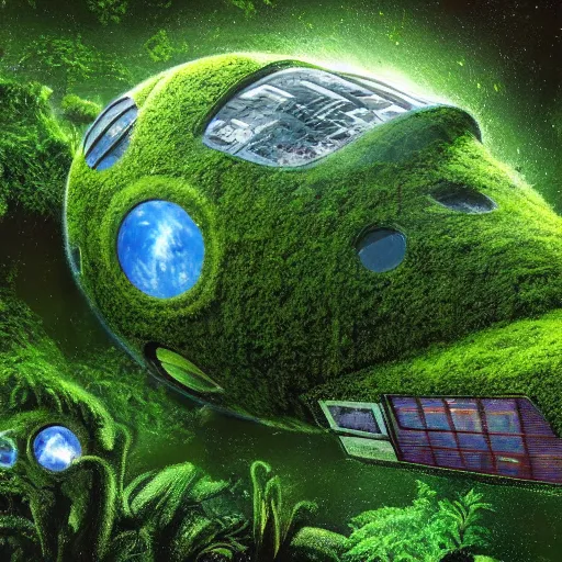 Image similar to a place overgrown with plants, there is a broken spaceship, the space ship has moss on it, hyper realistic, atmospheric