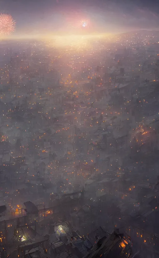 Prompt: sky of fireworks seen from high up in the sky by makoto shinkai, nier atutomata environment concept art, greg rutkowski and krenzcushart