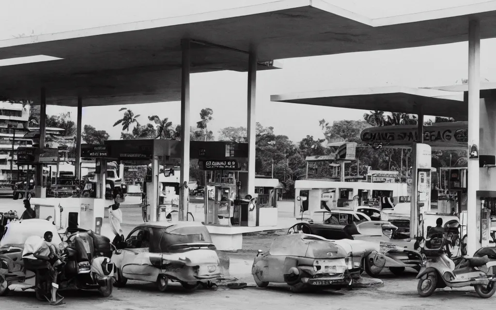 Image similar to ed ruscha standard gas station but in sri lanka with people queueing in front with cars and mopeds.