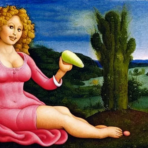 Prompt: dolly parton eating a radish like venus de milo by boticelli