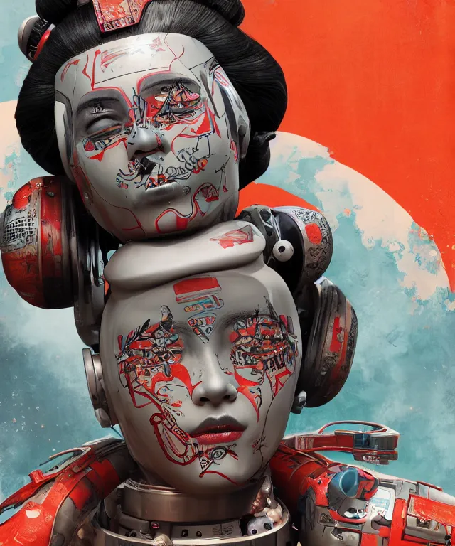 Image similar to an epic fantastic realism comic book style portrait painting of a japanese robotic geisha with kanji tattoos and decals, apex legends, octane render, intricate detail, 4 k hd, unreal engine 5, ex machina, irobot