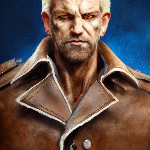 Image similar to portrait of a muscular, grim, ponytail haired blonde man in his late 30's, wearing a thick brown leather coat, looking to his side, scarred face, blue eyes, hunter, DnD character, fantasy character, dramatic lighting, digital art by Ruan Jia, Krenz Cushart, Rossdraws and Boris Vallejo