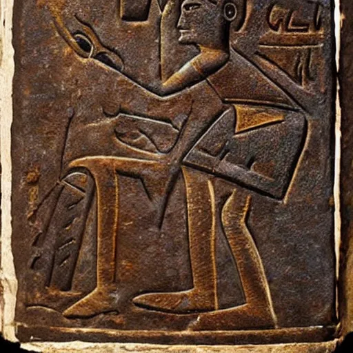 Prompt: Soyjak Wojak inscribed on a slate being given to the King of Mesopotamia by a time traveller