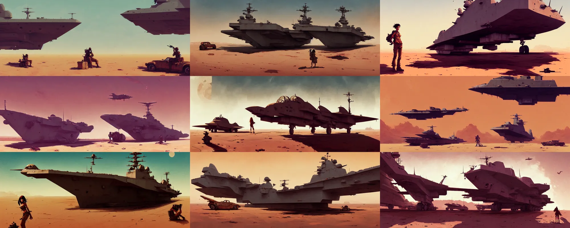 Prompt: hyper - realistic portrait of desertpunk rusted military aircraft carrier, marooned in desert, in style of atey ghailan, by greg rutkowski, by greg tocchini, by james gilleard, by joe fenton, by kaethe butcher, grunge aesthetic