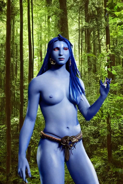 Image similar to photograph of a blue-skinned female navi from avatar standing in a forest, high resolution film still, 8k, HDR colors, cosplay, outdoor lighting, photo by bruce weber