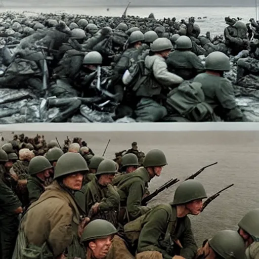 Prompt: full color, modern camera footage of d - day invasion, violent, blood, realistic, high resolution
