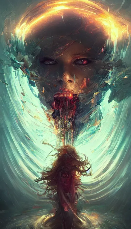 Image similar to destruction, the end of the world, neon, fibonacci, sweat drops, insane, intricate, highly detailed, digital painting, artstation, concept art, smooth, sharp focus, illustration, Unreal Engine 5, 8K, art by artgerm and greg rutkowski and alphonse mucha