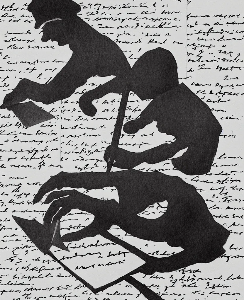 Image similar to a beautiful painting of a hand writing a letter with wwii in background, black and white, painted by escher