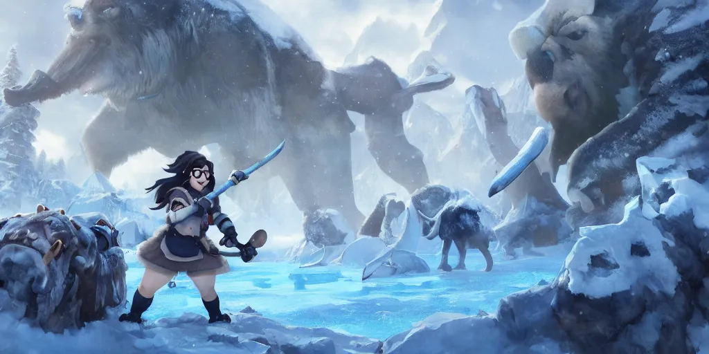 Prompt: matte painting of mei from overwatch holding an axe and fighting with mammoths in ice age, trending on artstation