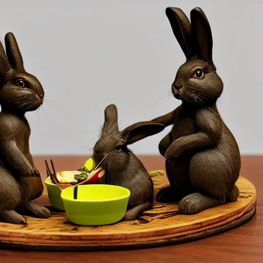 Image similar to A diorama of a bunny family sitting around the table having dinner