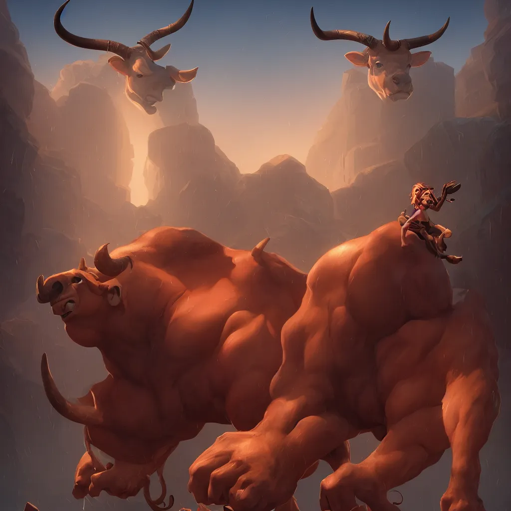 Image similar to portrait of a minotaur, an antropomorphic creature with a bull face, dark hair, mattepainting concept blizzard pixar maya engine on cold night stylized background splash comics global illumination lighting artstation lois van baarle, ilya kuvshinov, rossdraws