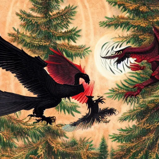 Prompt: a black eagle with red eyes and an ethereal white dragon fighting each other over a spruce tree forest