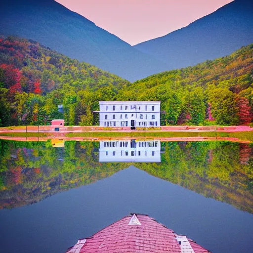 Image similar to Symmetric Wes Anderson film still in the Great Smoky Mountains without people. Establishing shot. Architecture. 8k resolution. Pastel. Sharp. Whimsical. Symmetry. Stunning.